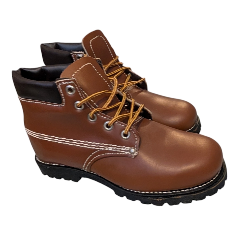 Vintage Youth Brown Leather Fur Rugged Boots Size 3 Rare New